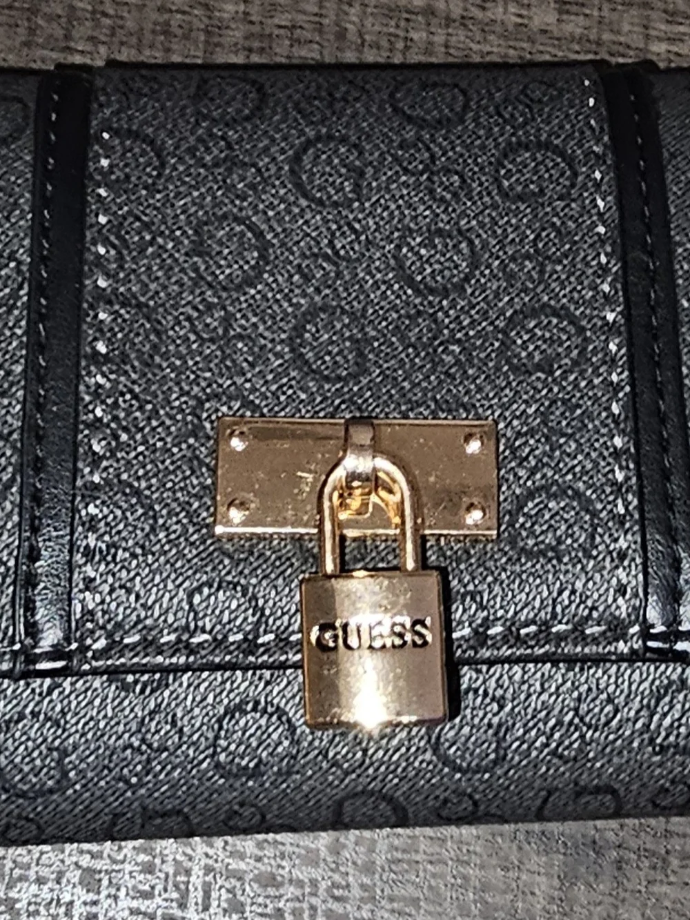 Guess Black Textured Leather Clutch with Gold Padlock